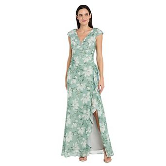 Women's R&M Richards Sequin Floral Cap-Sleeve V-Neck Cascade Slit Gown