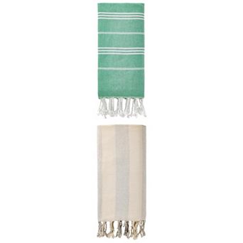 2 Packs Stripe Turkish Beach Towel with Tassel, Quick Dry Beach Towel 71" x 35"/71" x 40"