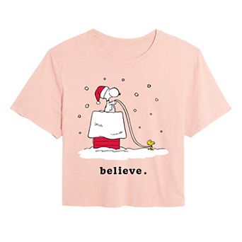 Juniors' Peanuts Snoopy & Woodstock Cropped Tee