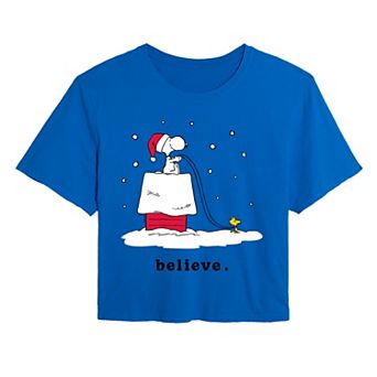 Juniors' Peanuts Snoopy & Woodstock Cropped Tee