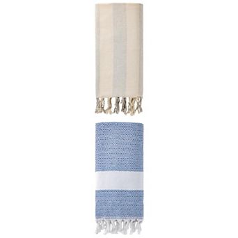 Turkish Beach Towel 2 Packs, Geometric Pattern with Tassels, Sandproof for Pool 71" x 40"