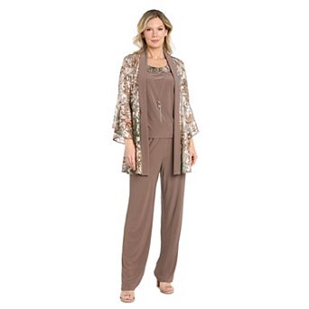 Women's R&M Richards Foil Mesh Bell-Sleeve Mock Jacket Pantsuit Set