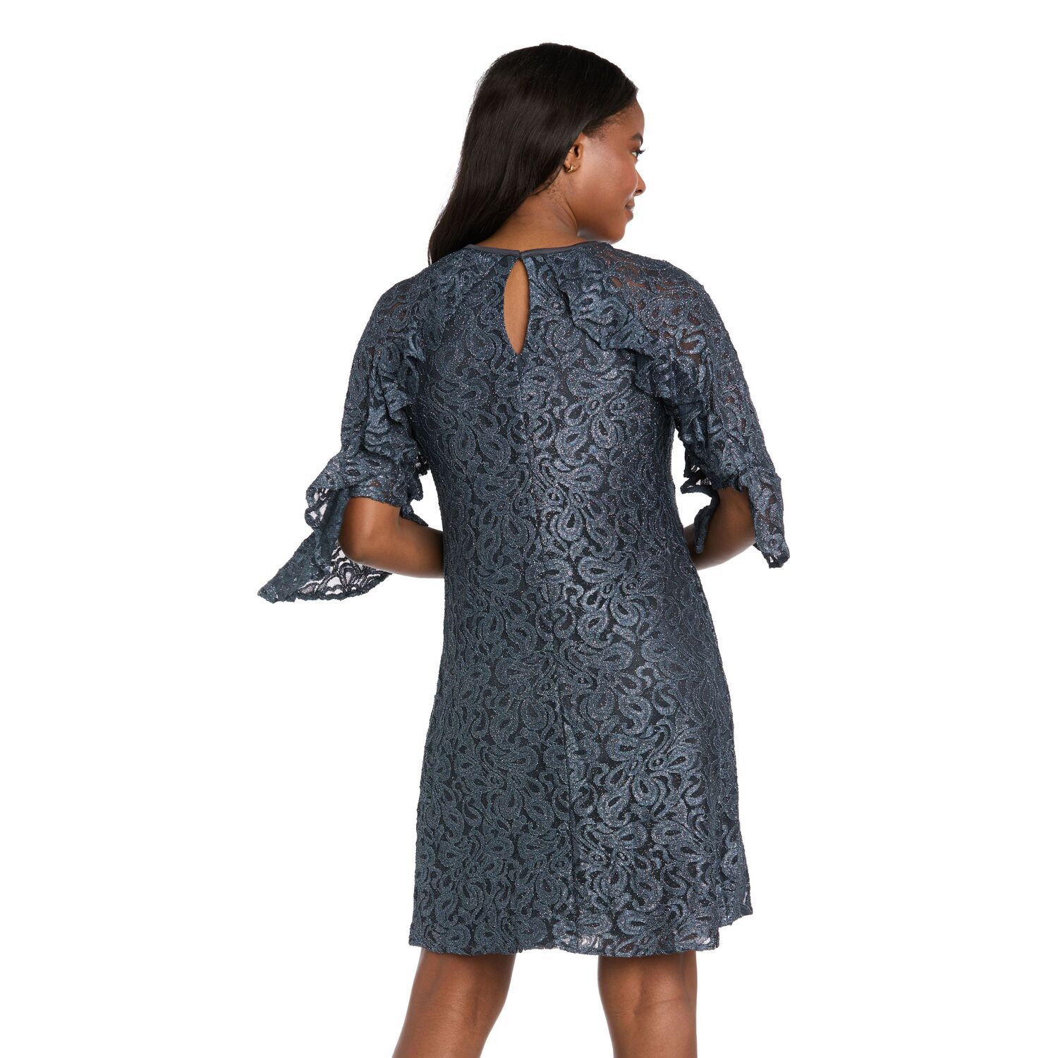Женское платье R&M Richards Glitter Lace Ruffle Sleeve Mini A-Line, цвет: Графитовый металлик — фото 2