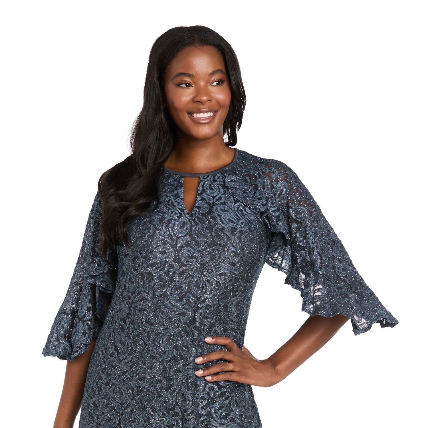 Женское платье R&M Richards Glitter Lace Ruffle Sleeve Mini A-Line, цвет: Графитовый металлик — фото 3