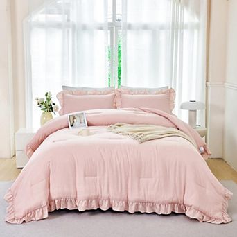 Twin Size 5 pc Pink Ruffle Comforter Set, Farmhouse Bed in a Bag