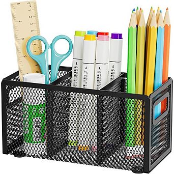 Mesh Pen Holder with 3 Adjustable Compartments and Carry Handle