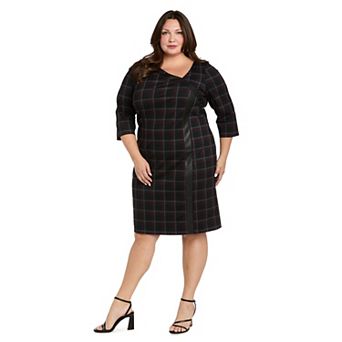 Plus Size R&M Richards Plaid Sheath Dress with Faux-Leather Trim