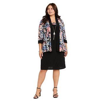 Plus Size R&M Richards Peplum Printed Mesh Jacket & Dress Set with Necklace
