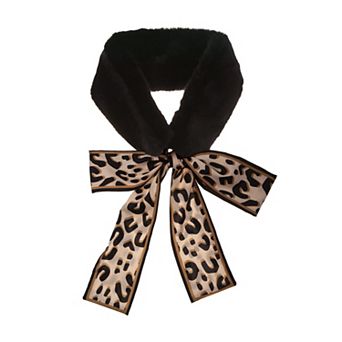 Leopard Ribbons Faux Fur Winter Wrap Collar Scarf Plush Neck Scarves Warmer for Women