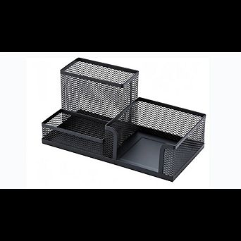 Mesh Pen Holder with 3 Compartments and Sticky Notes Storage