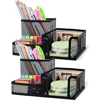 Mesh Pen Holder Set with 3 Compartments and Sticky Notes Holder