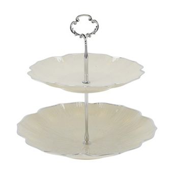 1Set 2 tier Dessert Cupcake Stand, Cupcake Stand Holder Beige Silver Tone