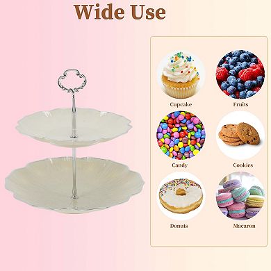1Set 2 Tier Dessert Cupcake Stand, Cupcake Stand Holder Beige Silver Tone