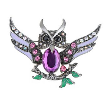 Women's Antique Wise Owl On Branch Painted Enamel Bird Brooch Pin