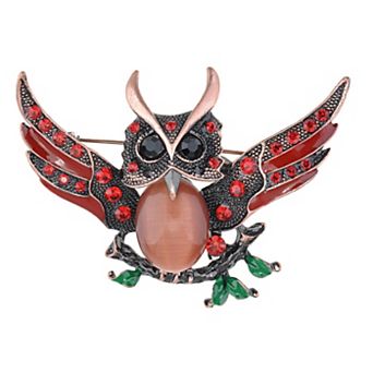 Women's Antique Wise Owl On Branch Painted Enamel Bird Brooch Pin