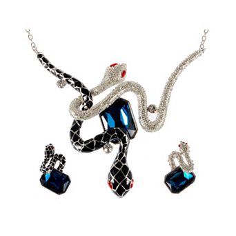 Women's Sapphire Silver Enamel Twin Snakes Necklace Earring Set