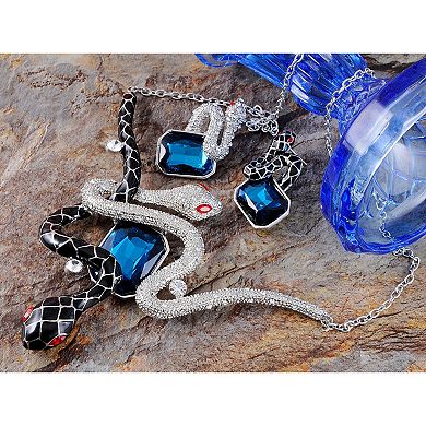 Women's Sapphire Silver Enamel Twin Snakes Necklace Earring Set