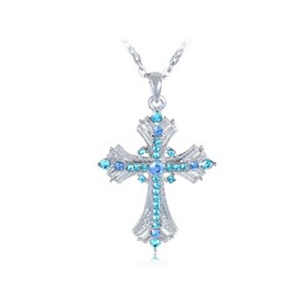 Women's Religious Cross Pendant Necklace Aquamarine