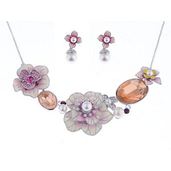 Women's Pearl Topaz Element Enamel Hibiscus Earring Necklace Set