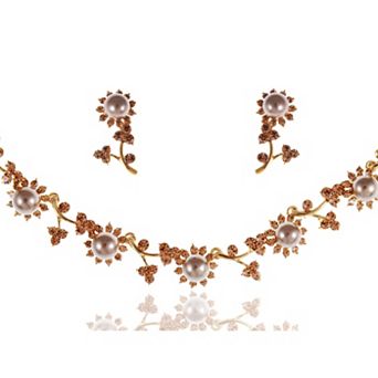 Women's Pearl Flower Floral Vine Topaz Necklace Earring Set