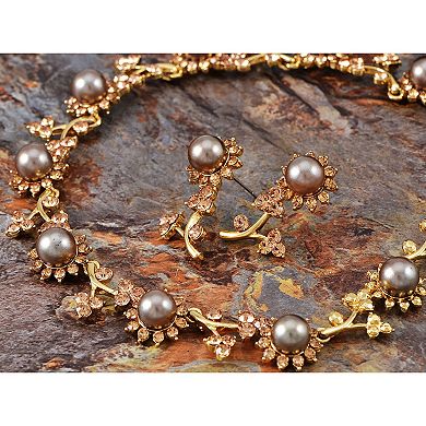 Women's Pearl Flower Floral Vine Topaz Necklace Earring Set