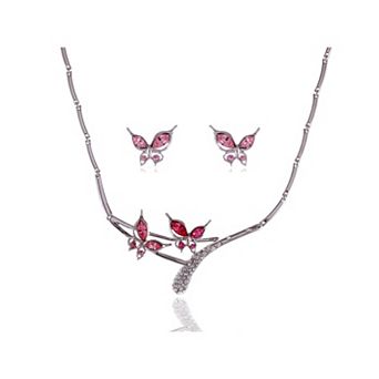 Women's Rose Butterfly Love Duo Necklace Earring Set