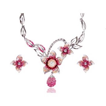 Women's Painted Plumeria Flower Dangle Necklace Earring Set