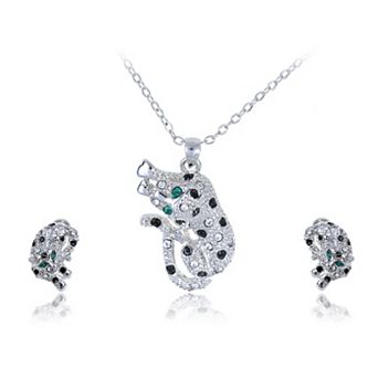 Women's And Spotted Leopard With Emerald Eyes Pendant And Studs Set