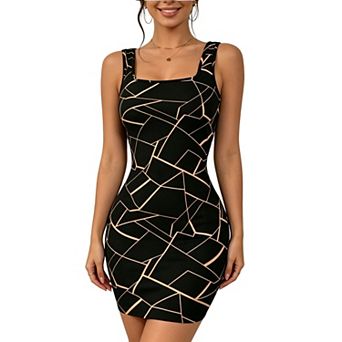 Women's Geometric Print Square Neck Bodycon Mini Dress, Sleeveless Tank Dress