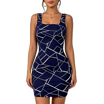 Women's Geometric Print Square Neck Bodycon Mini Dress, Sleeveless Tank Dress