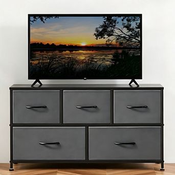 YIORTWO 5 Drawer Fabric Dresser Chest with Wooden Top Storage Organizer