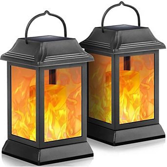 Solar Metal Flickering Flame Lantern Outdoor Hanging Waterproof Decorative Light 2 Pack Black