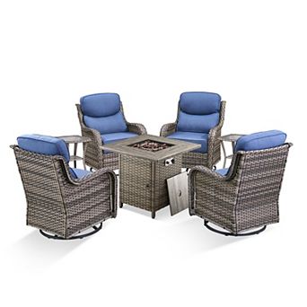 7 pc Patio Rocking Swivel Chair with 50,000 BTU Fire Pit Table Outdoor Wicker Rattan Bistro Set