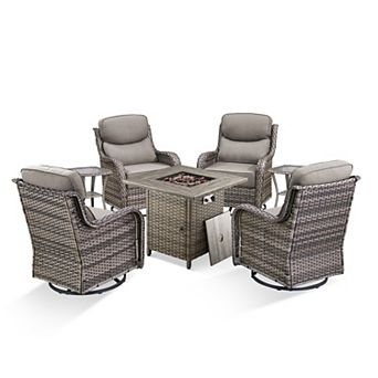 7 pc Patio Rocking Swivel Chair with 50,000 BTU Fire Pit Table Outdoor Wicker Rattan Bistro Set