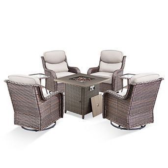 7 pc Patio Rocking Swivel Chair with 50,000 BTU Fire Pit Table Outdoor Wicker Rattan Bistro Set