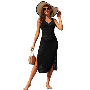 CHARMO Women Crochet Knit Sleeveless Cover Up Dress Side Slit Midi Beach Swim Coverup