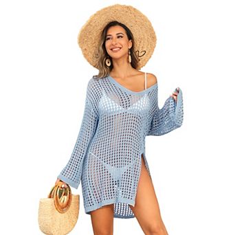 CHARMO Women Mesh Knit V Neck Long Sleeve Beach Cover Up Dress Side Slit Swim Coverup Tunic