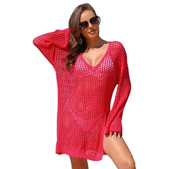 CHARMO Women Mesh Knit V Neck Long Sleeve Beach Cover Up Dress Side Slit Swim Coverup Tunic