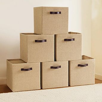 Jute Storage Bins Foldable with Leather Handles for Closet Shelf Organization