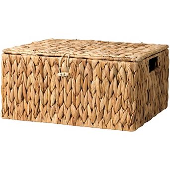Water Hyacinth Wicker Storage Basket with Lid Built-in Handles Organizing