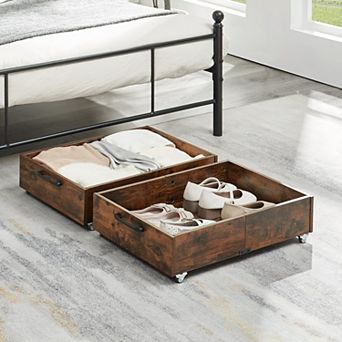 Under Bed Storage Drawers Composite Wood 58L Capacity Wheels 80lb Weight Floor Safe Organizer