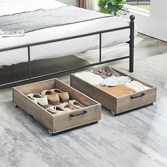 Under Bed Storage Drawers Composite Wood 58L Capacity Wheels 80lb Weight Floor Safe Organizer