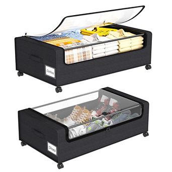 Under Bed Storage Organizer Rolling Drawers with Clear Window Dual Zippers Handles 2 Pack