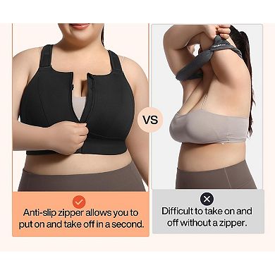 High Impact Adjustable Zip Front Plus Size Sports Bra Full Cover Removable Padded Support