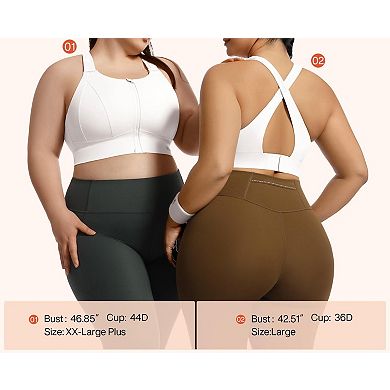 High Impact Adjustable Zip Front Plus Size Sports Bra Full Cover Removable Padded Support