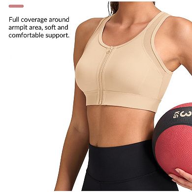 Women Front Zip High Impact Racerback Sports Bra Breathable Moisture Wicking Full Coverage