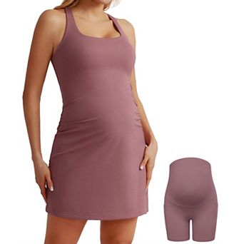 Maternity 2 in 1 Athletic Dress With Detachable Shorts Built In Bra Sleeveless A-Line