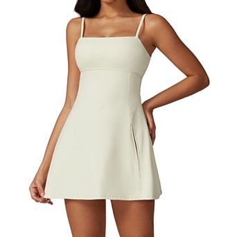 Womens Square Neck Tennis Dress Spaghetti Strap Athletic Golf Workout Dress With Shorts