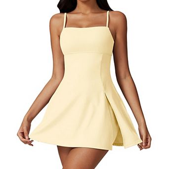 Womens Square Neck Tennis Dress Spaghetti Strap Athletic Golf Workout Dress With Shorts