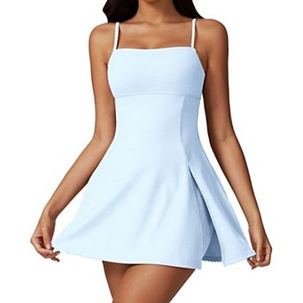 Womens Square Neck Tennis Dress Spaghetti Strap Athletic Golf Workout Dress With Shorts